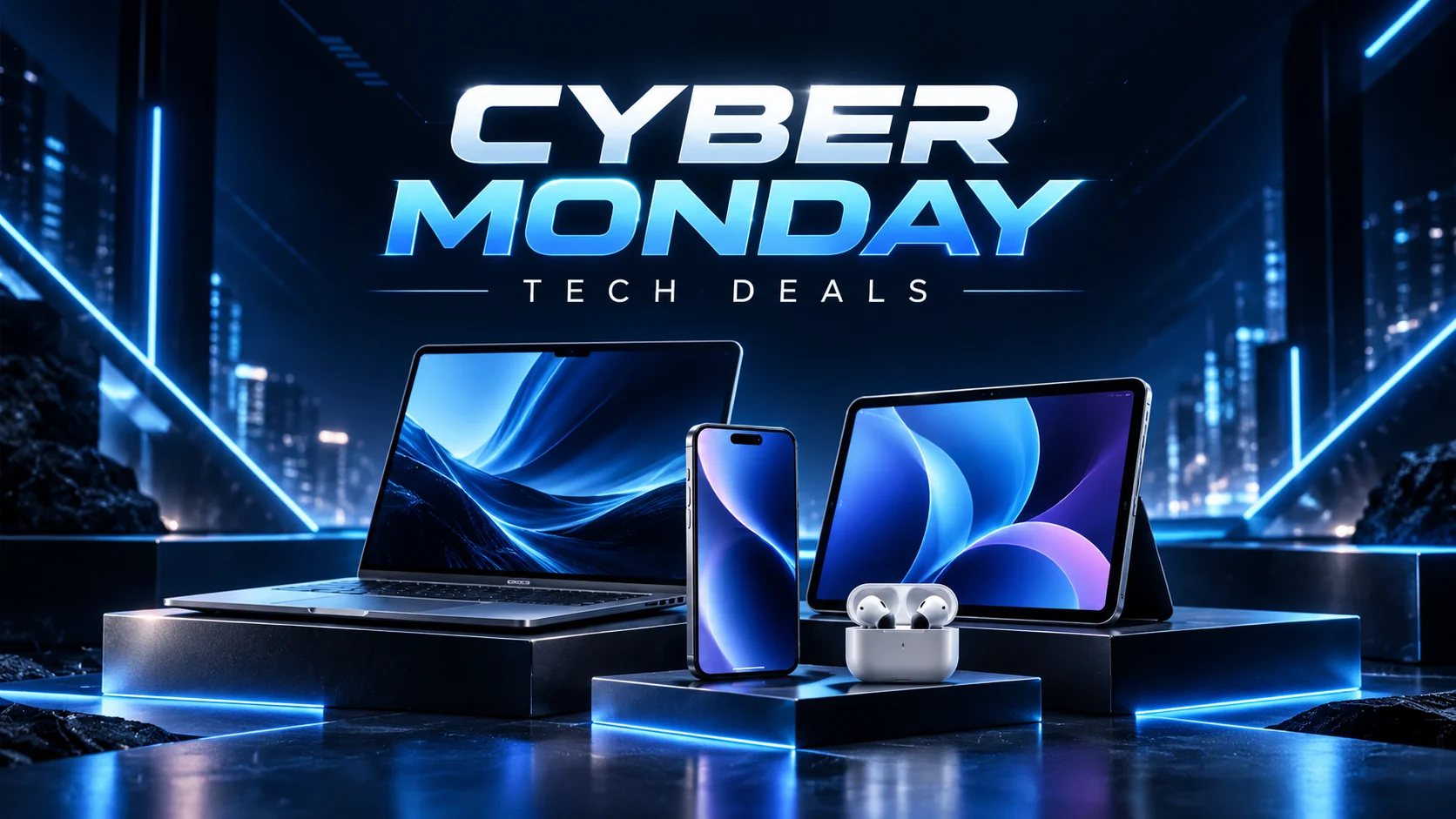 Cyber Monday technology advertisement featuring a modern laptop, smartphone, wireless earbuds, electric-blue lighting, and a futuristic digital background