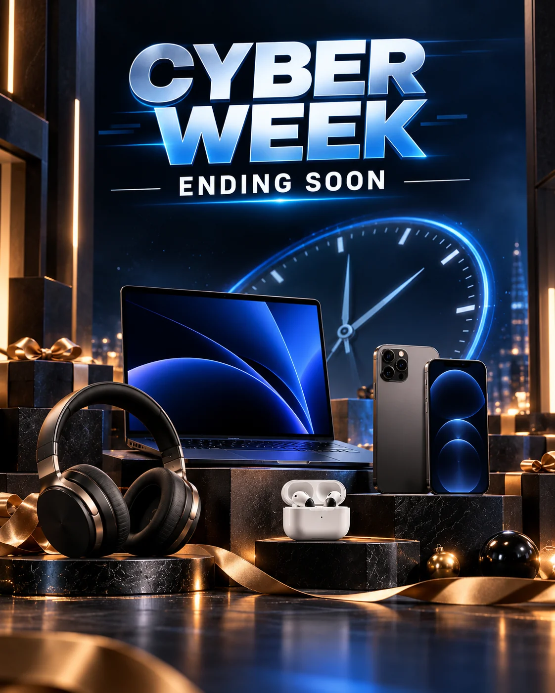 Dramatic Cyber Week countdown campaign graphic with a glowing digital clock, dark background, electric-blue highlights, and space for an urgent sale message