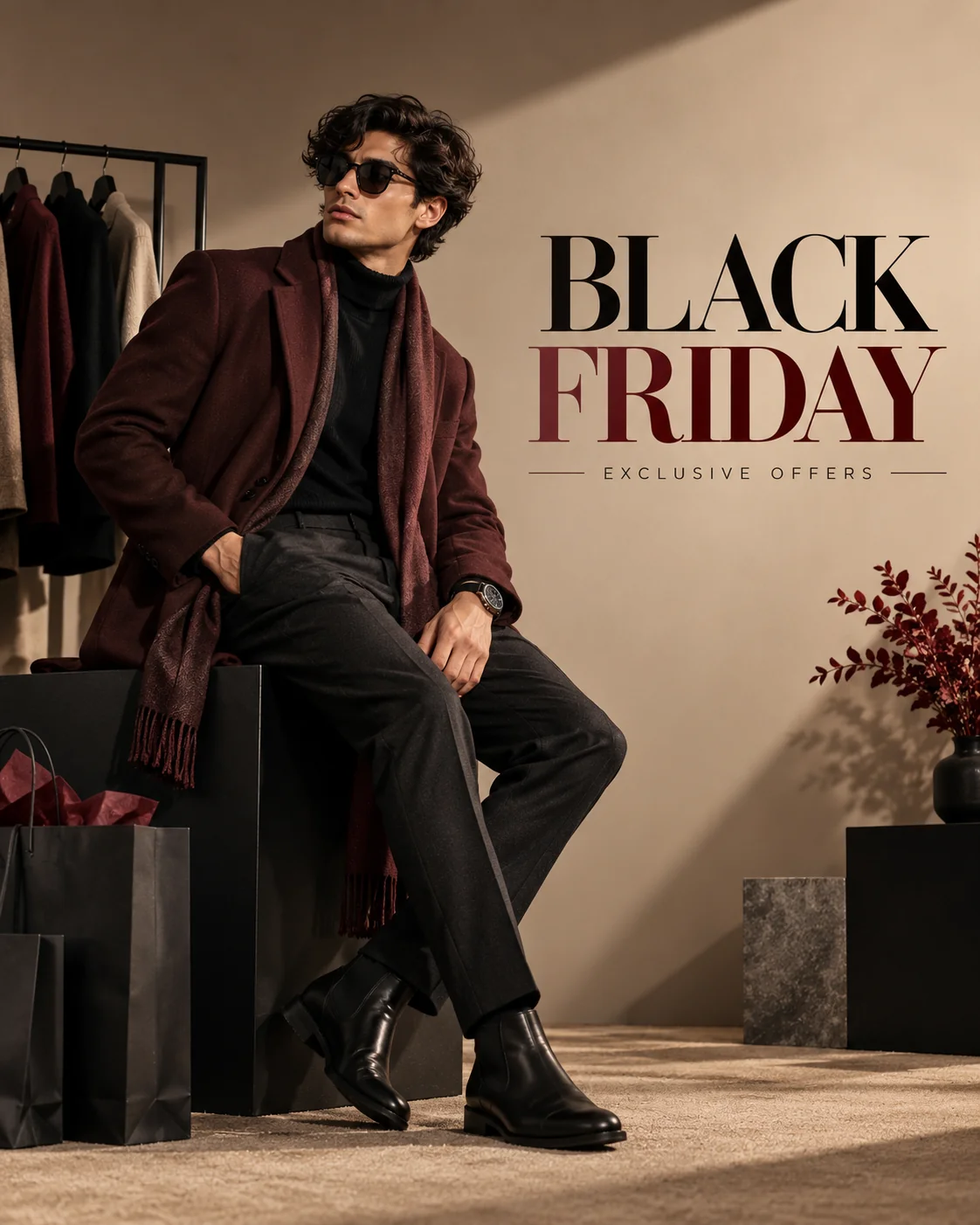 Editorial Black Friday fashion campaign featuring a model in contemporary autumn clothing against a dramatic minimalist studio background