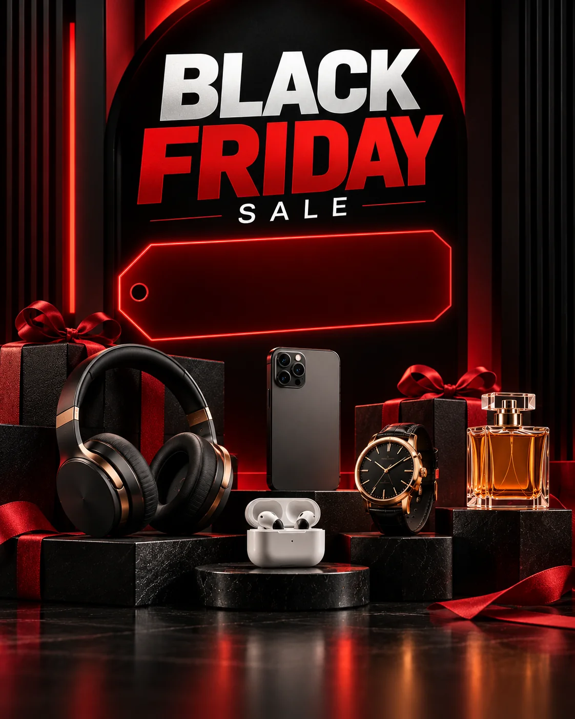 Bold Instagram Black Friday sale post featuring a striking red and black graphic design, product imagery, strong visual hierarchy, and space for a discount message