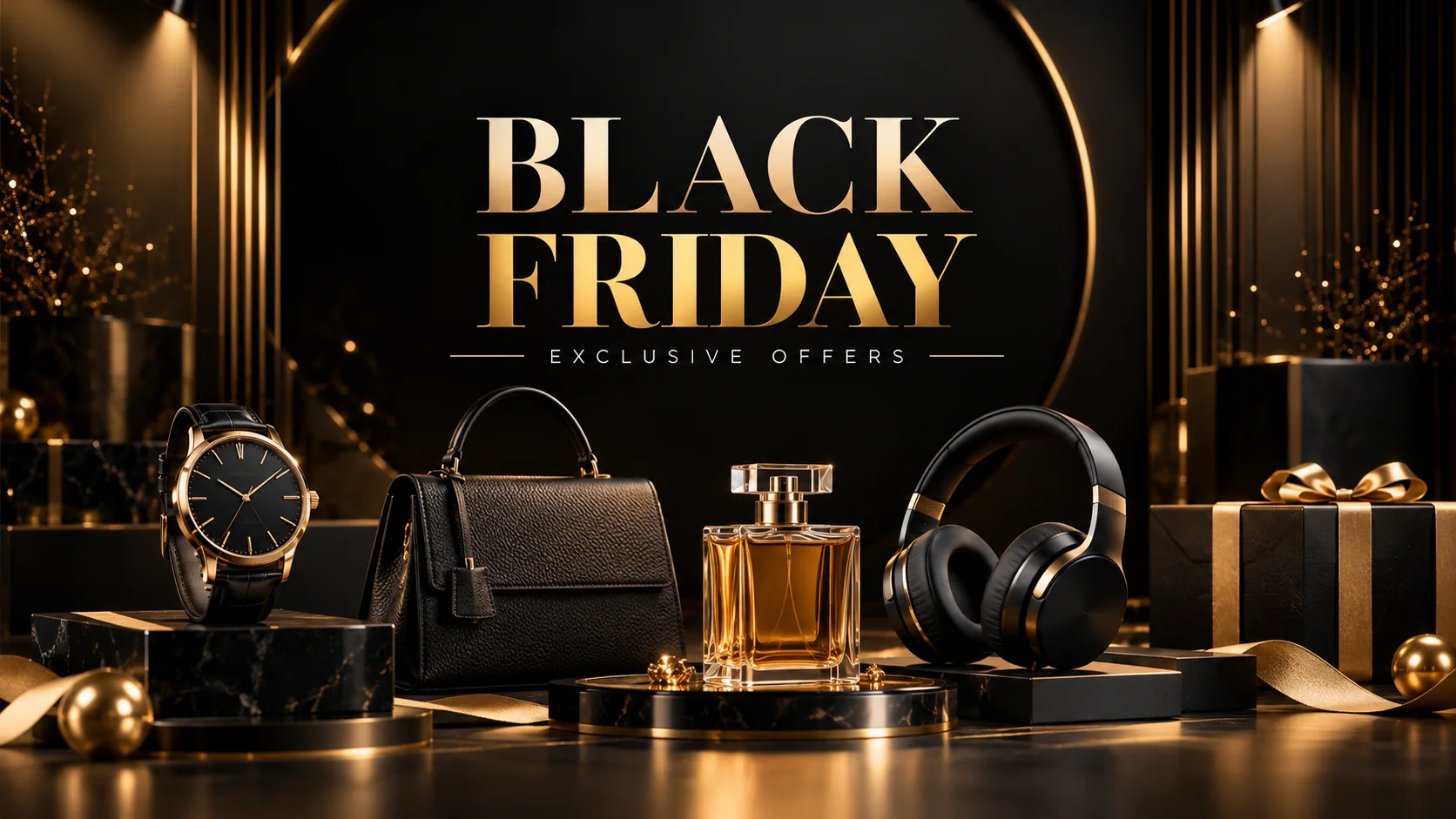 Luxury Black Friday sale banner with black and gold styling, dramatic spotlights, elegant product displays, and premium commercial design