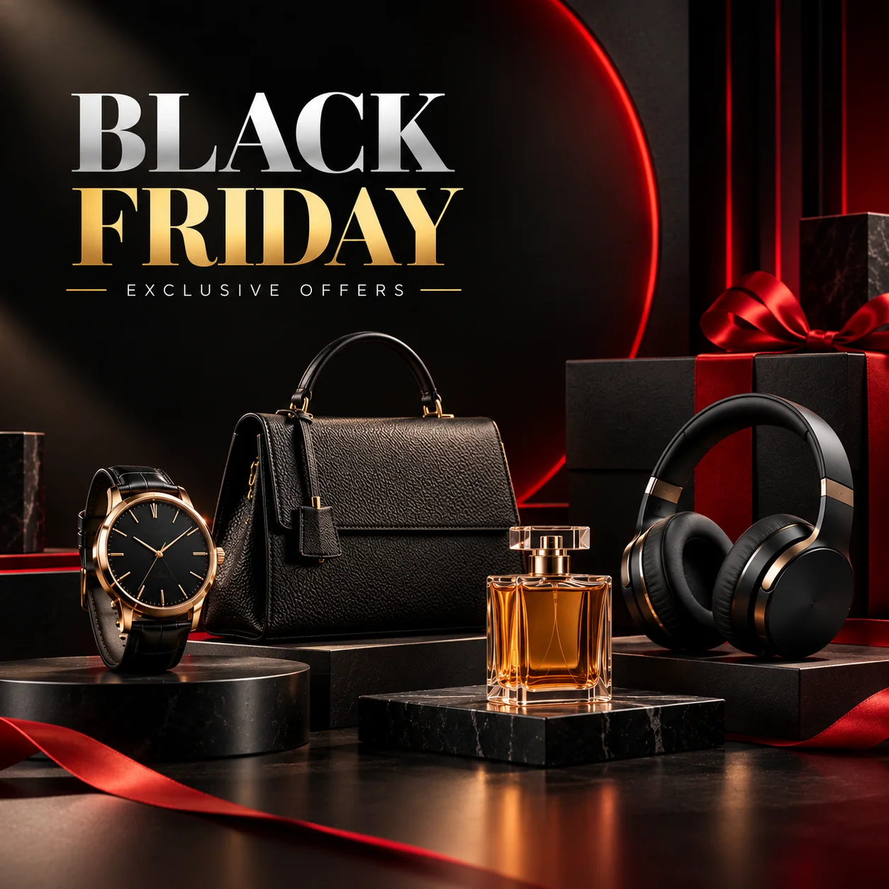 Professional ecommerce product hero image featuring a premium wireless headphone on a dramatic studio platform with controlled lighting and subtle sale accents