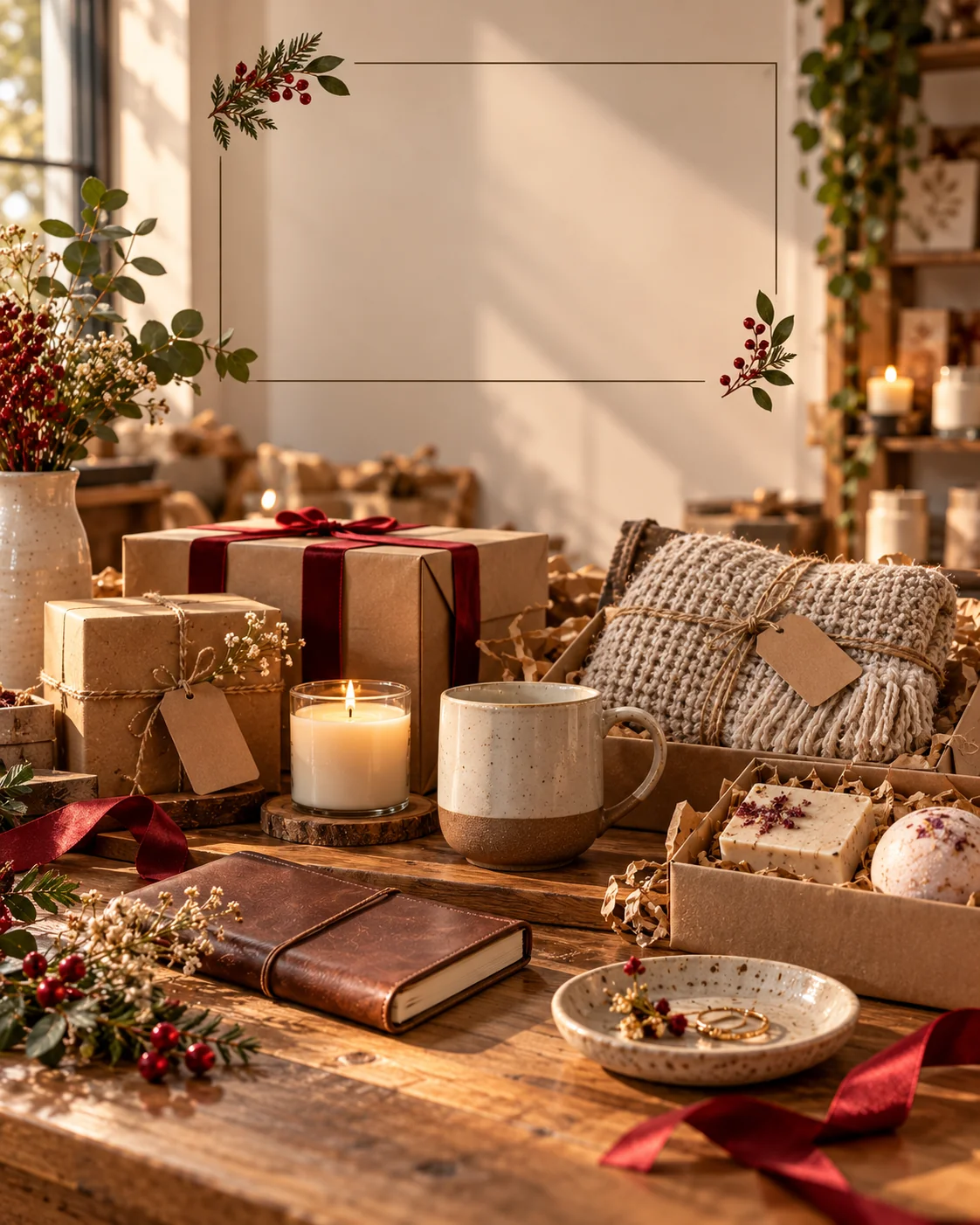 Authentic small business Black Friday campaign showing handcrafted products, recyclable packaging, a wooden worktable, and warm natural lighting