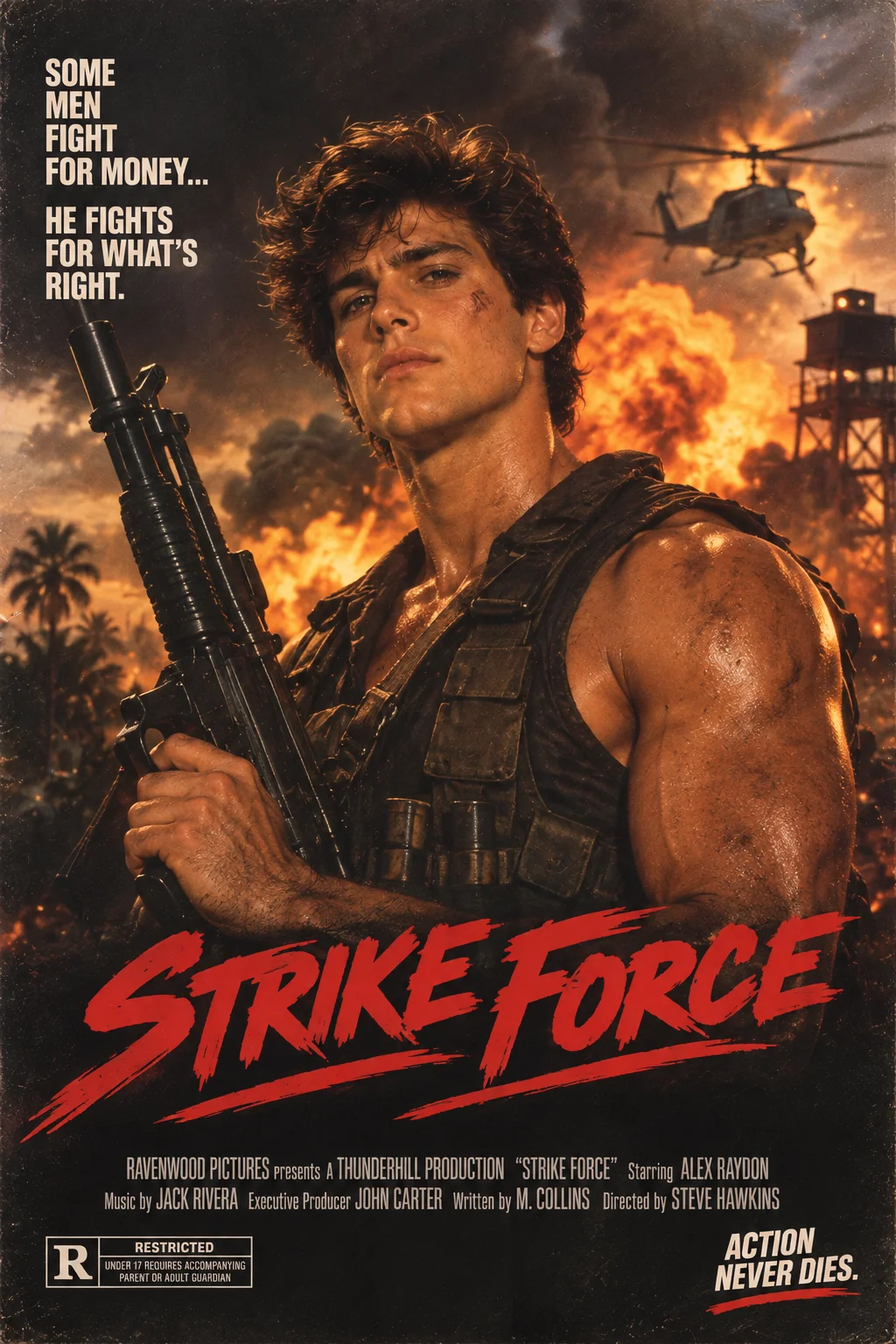80s action hero cinematic portrait ChatGPT prompt — VHS era blockbuster movie poster AI style