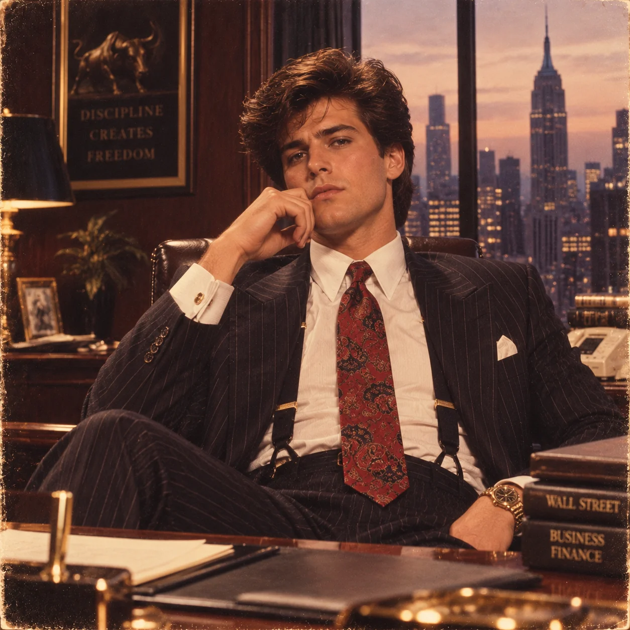 80s Wall Street power professional ChatGPT prompt — Gordon Gekko business portrait AI style