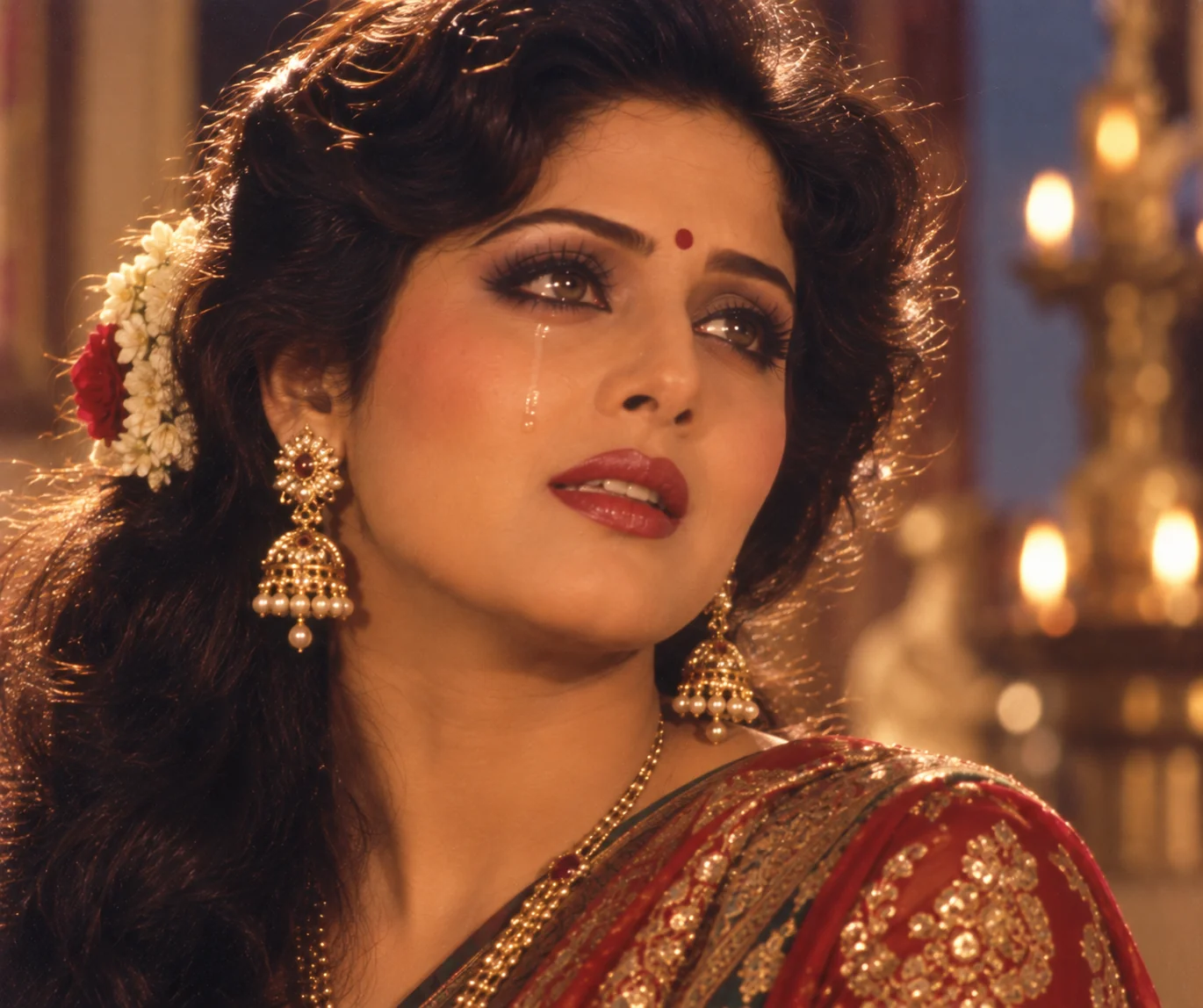 80s Bollywood dramatic close-up portrait ChatGPT prompt — emotional heroine cinematic portrait