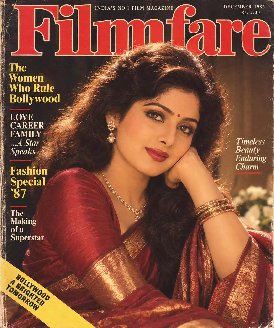 Filmfare magazine cover ChatGPT Bollywood prompt — 1980s premier Hindi film magazine heroine portrait
