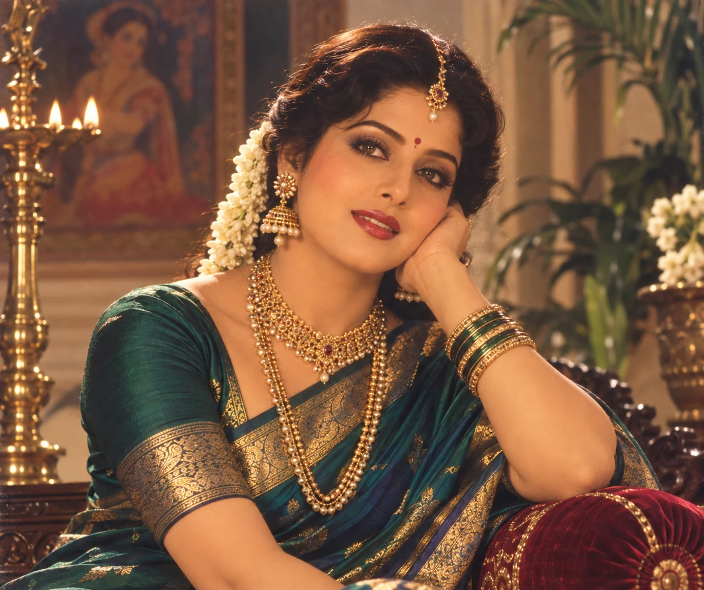 Hema Malini classic silk saree ChatGPT Bollywood prompt — 1980s serene traditional heroine portrait
