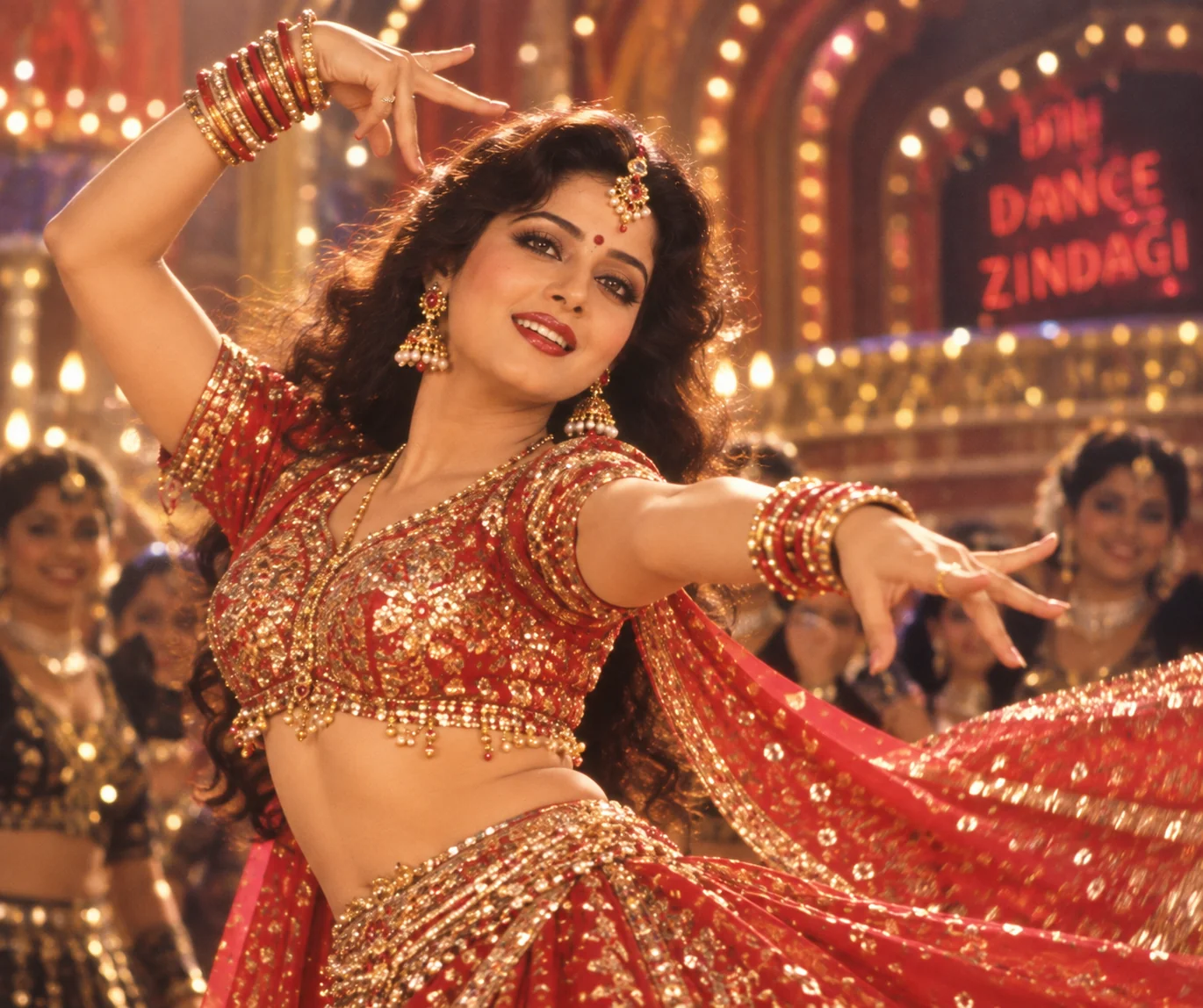 Madhuri Dixit dance portrait ChatGPT Bollywood prompt — Tezaab era 1980s dance performance