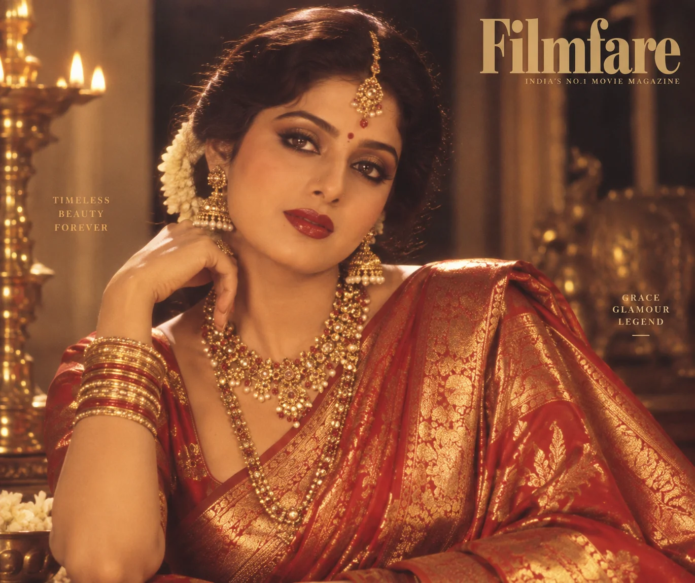 Rekha classic glamour portrait ChatGPT Bollywood prompt — 1980s heavy jewellery silk saree retro heroine