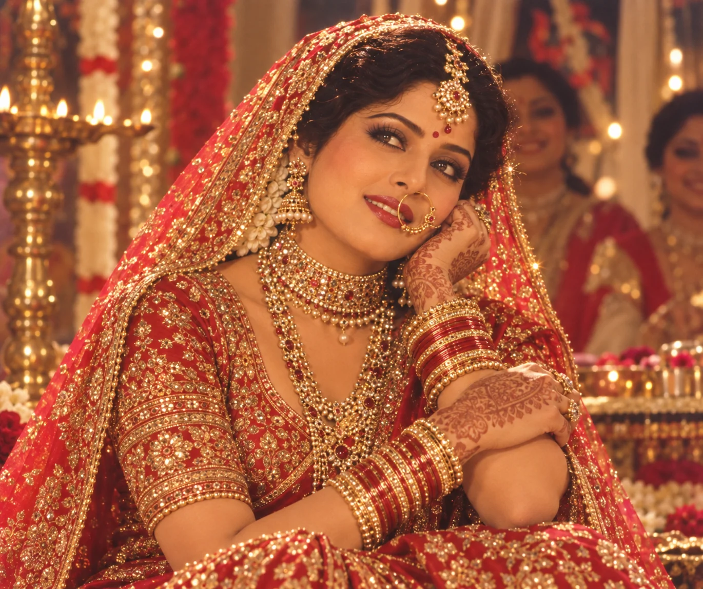 Vintage Bollywood bridal portrait ChatGPT prompt — 1980s Indian cinema wedding heroine bride