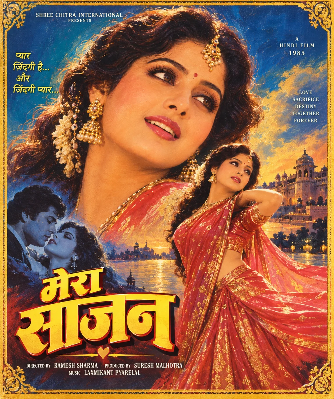 Vintage Bollywood film poster ChatGPT prompt — 1980s Hindi cinema hand-painted poster heroine