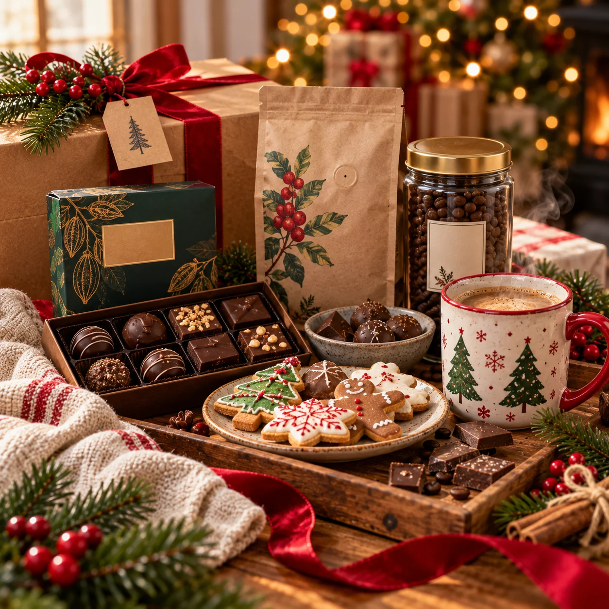 Christmas gourmet gift photography featuring coffee packaging, chocolate treats, cookies, a ceramic mug, evergreen branches, and festive natural styling