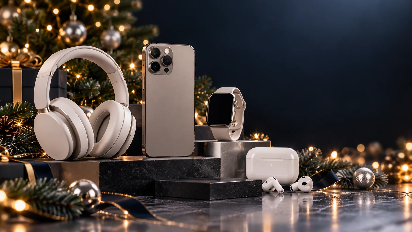 Christmas electronics product display featuring wireless headphones, a smartphone, a smartwatch, and subtle evergreen decorations in a modern studio