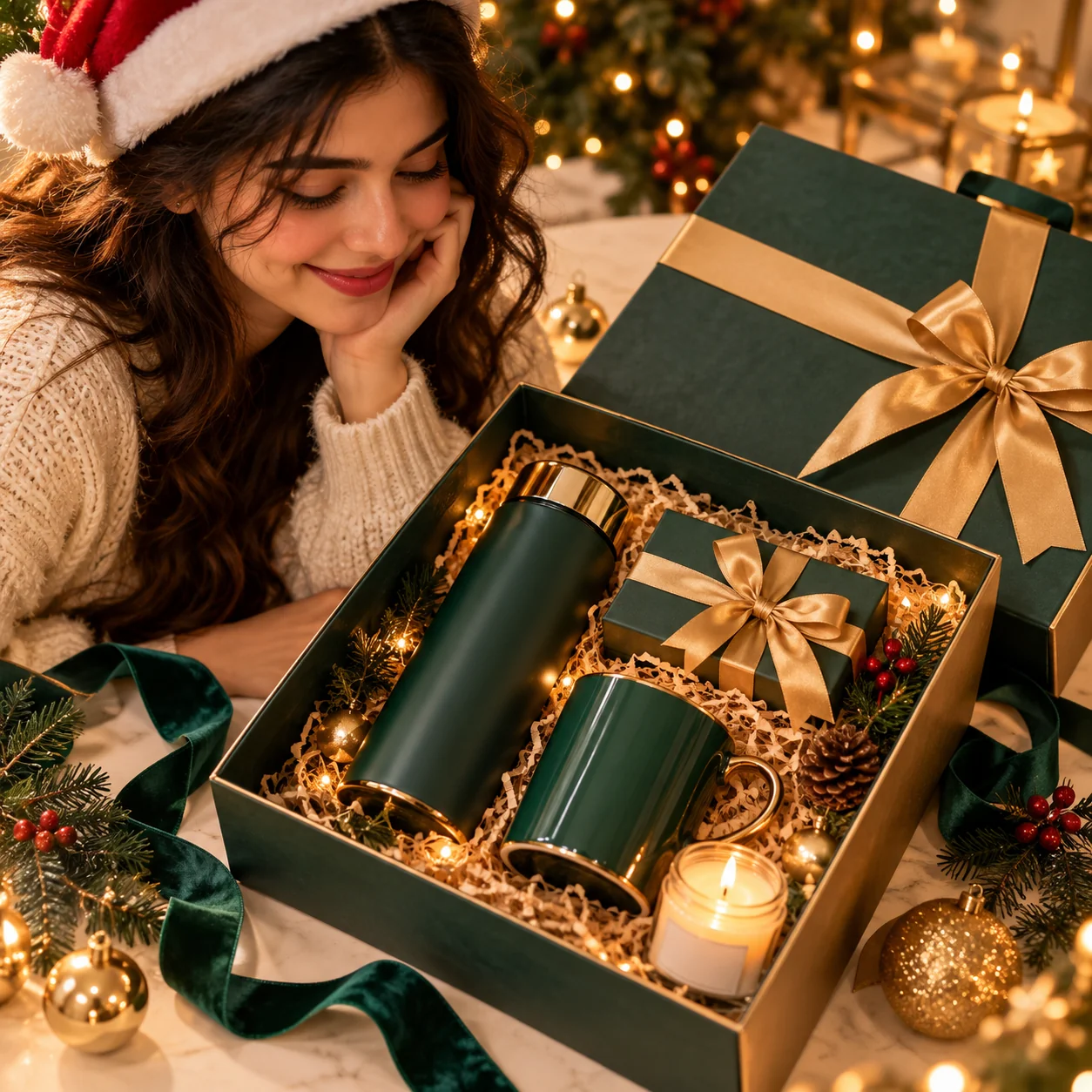 Luxury Christmas gift box product photography featuring elegant wrapping paper, satin ribbons, pine branches, ornaments, and warm festive lighting