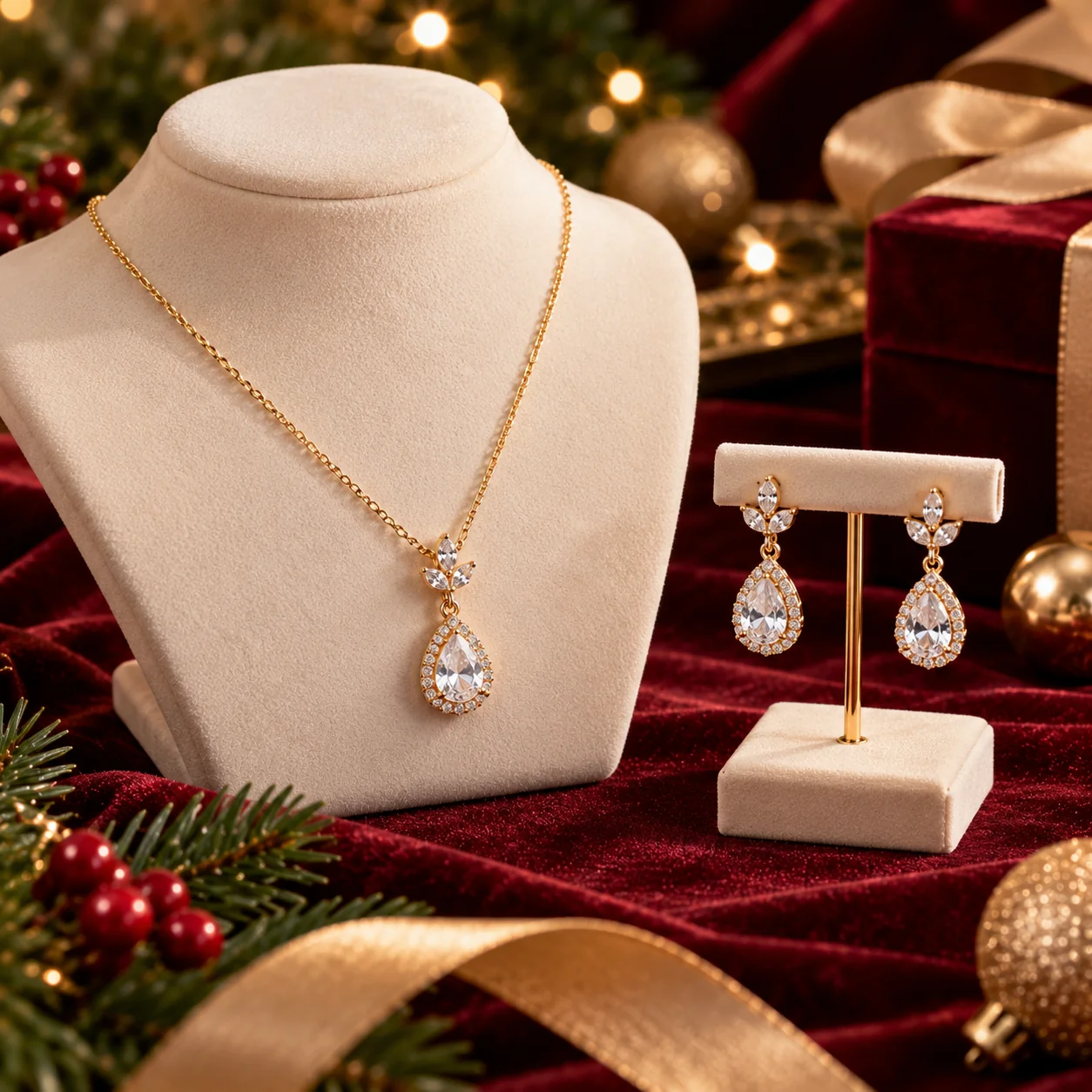 Elegant Christmas jewelry editorial featuring gold earrings, a delicate necklace, a velvet display surface, and soft festive highlights