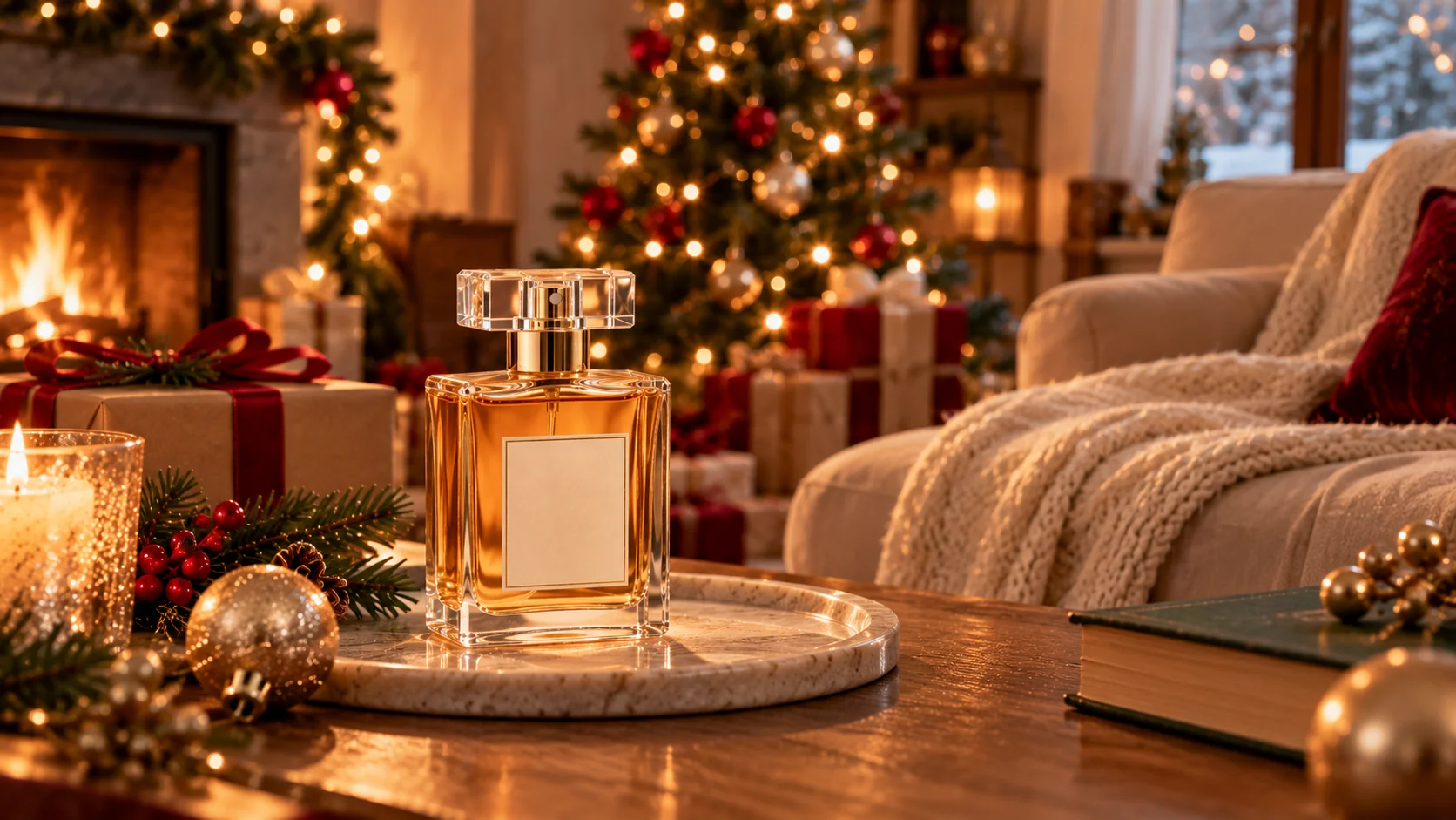 Christmas product lifestyle photograph featuring a premium home accessory on a living room table beside a decorated Christmas tree and warm ambient lights