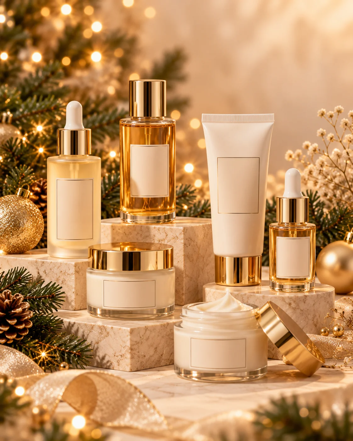 Christmas skincare product campaign featuring serum bottles, moisturizer jars, ivory surfaces, evergreen branches, and elegant champagne-colored accents