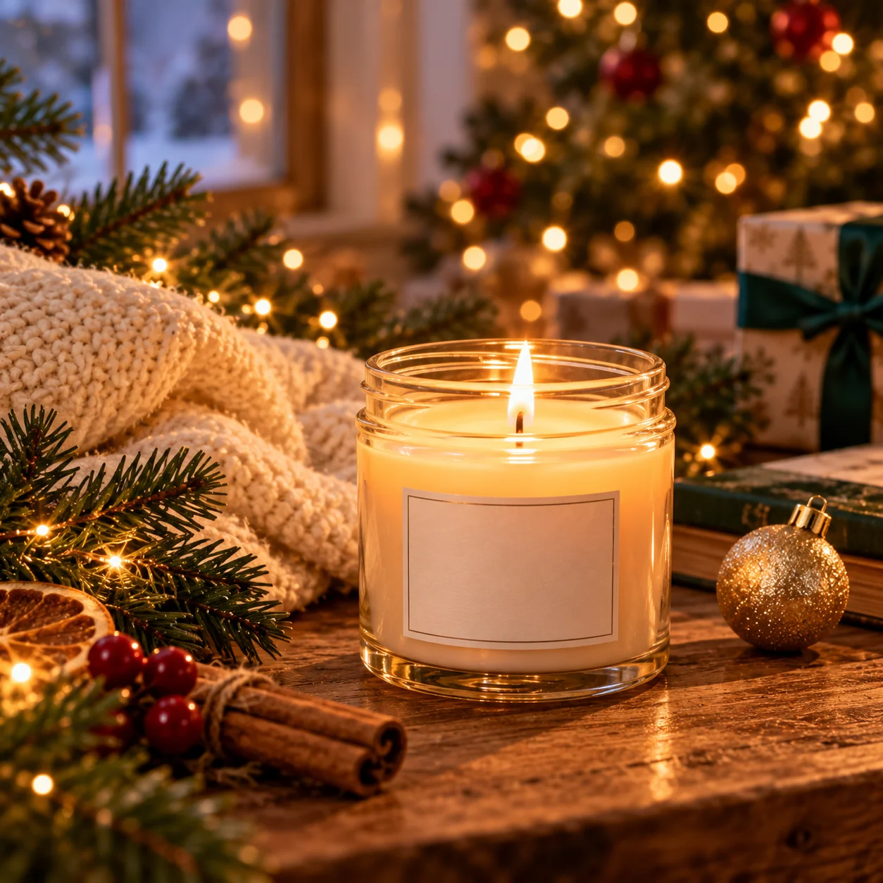 Cozy Christmas candle product photography featuring an elegant candle jar, pine branches, knitted fabric, cinnamon sticks, and warm ambient lighting