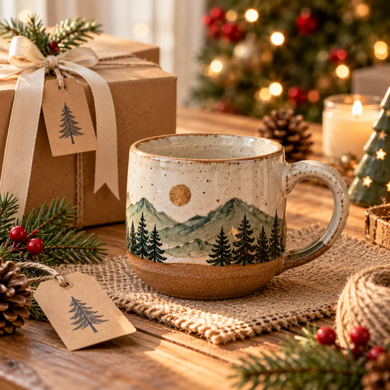 Handmade Christmas gift photography featuring artisan ceramics, kraft paper packaging, natural twine, pine branches, and warm window light