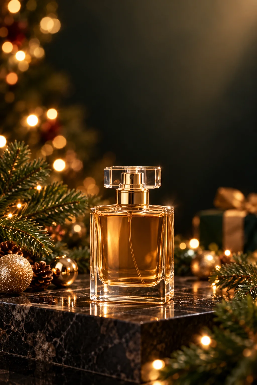 Luxury Christmas perfume advertisement featuring an elegant fragrance bottle, golden reflections, evergreen branches, and warm cinematic lighting