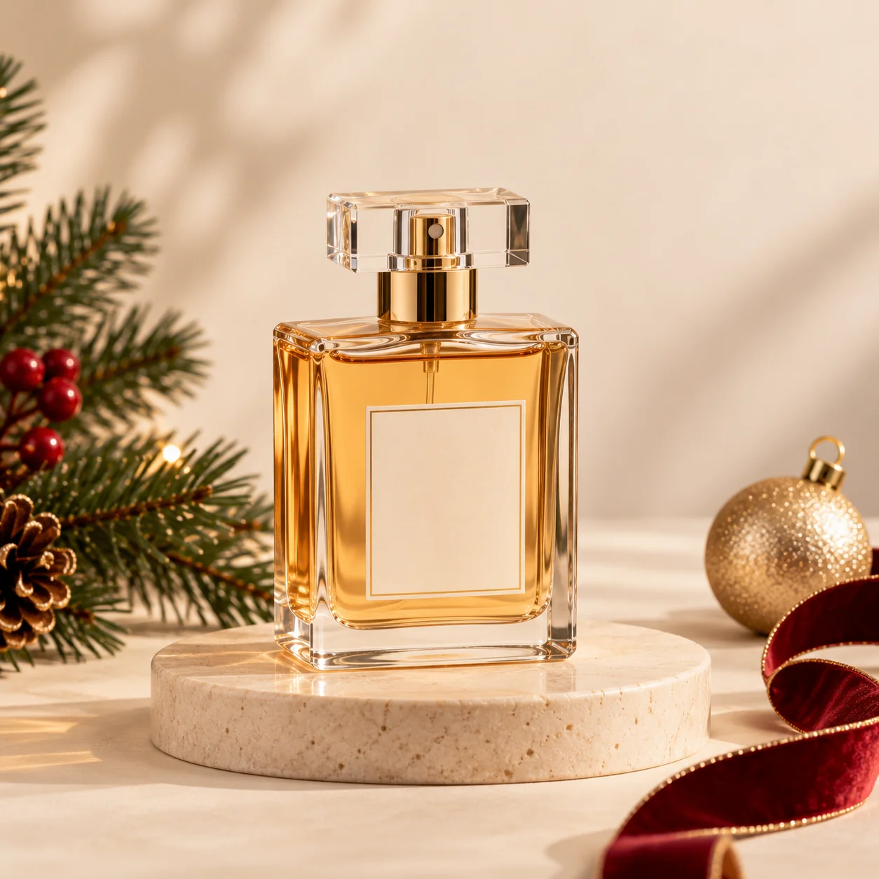 Minimalist Christmas ecommerce product photograph featuring a single premium product against a clean ivory background with subtle evergreen accents
