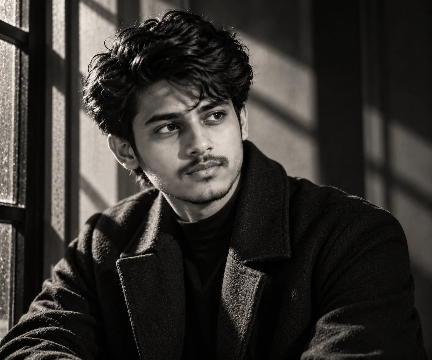 Black-and-white film noir portrait of an adult person with dramatic side lighting, deep shadows, and a classic cinematic atmosphere