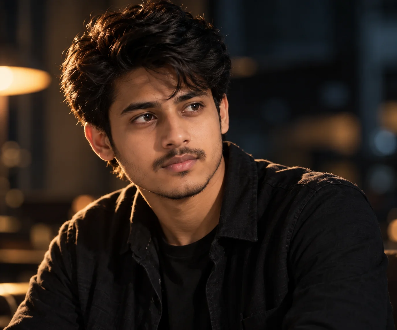 Dramatic cinematic Hollywood-style portrait of an adult person with directional key lighting, deep shadows, and a softly blurred film-set background