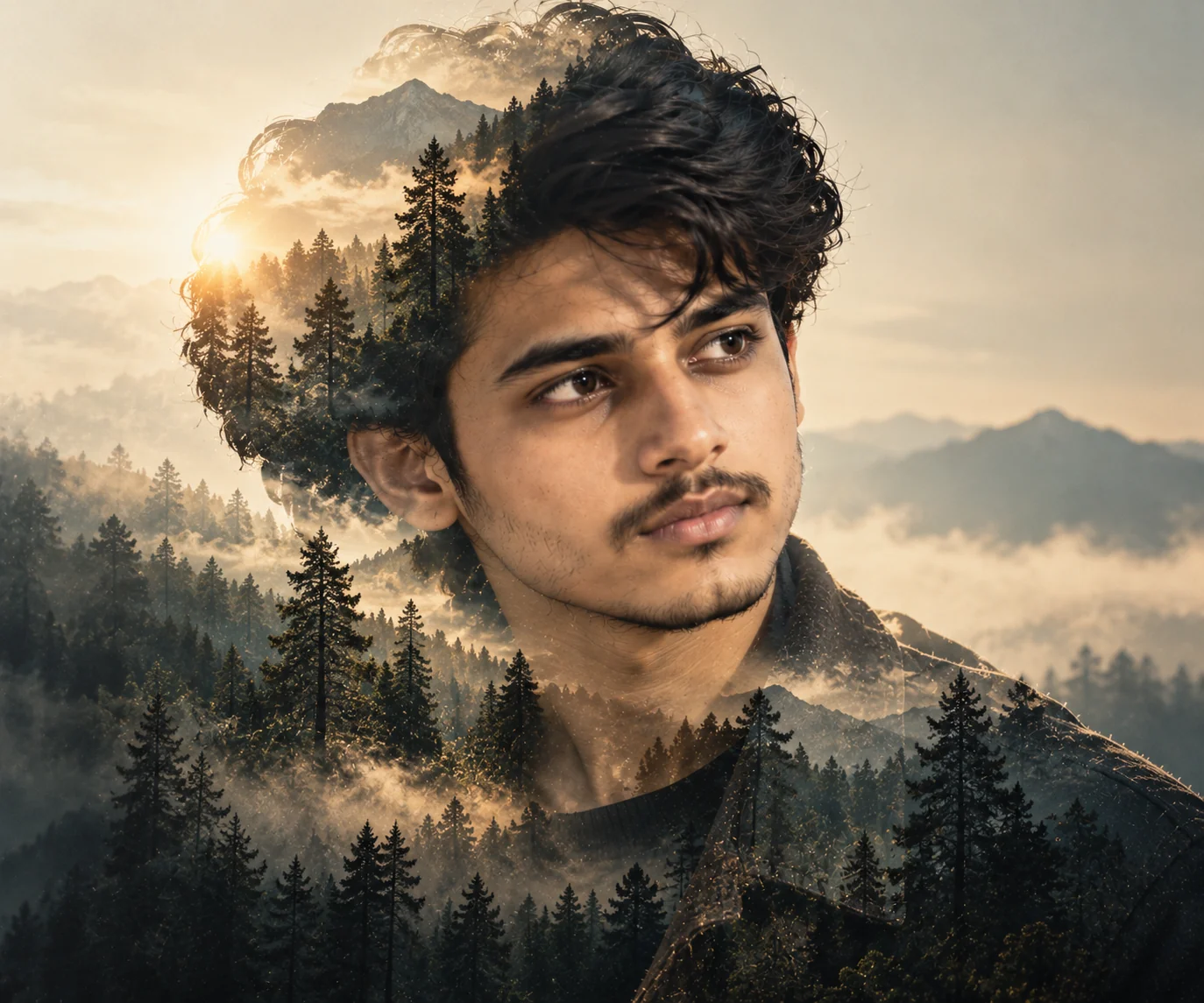 Artistic double-exposure cinematic portrait of an adult person blended with a misty forest landscape, subtle light leaks, and a sophisticated photographic composition
