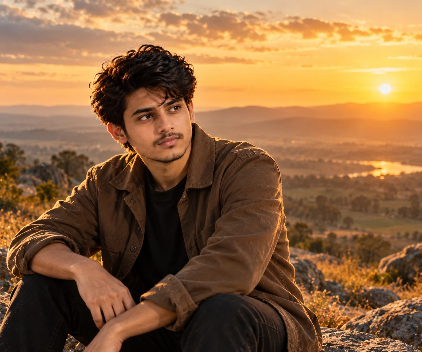 Epic cinematic portrait of an adult person outdoors at sunset with warm backlighting, atmospheric landscape depth, and realistic golden-hour photography