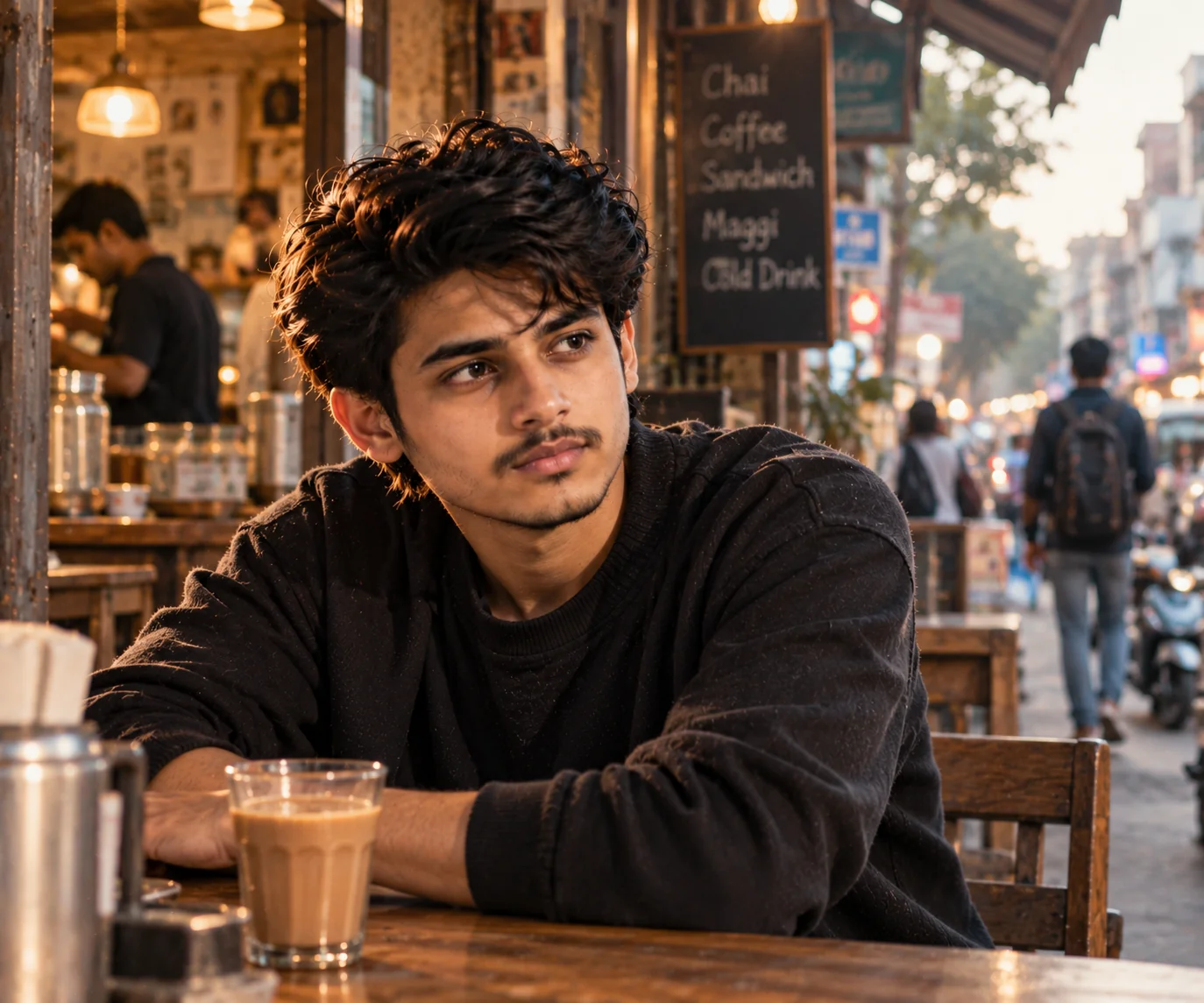 Authentic documentary-style cinematic portrait of an adult person in a real urban environment with available light, natural expression, and subtle film texture