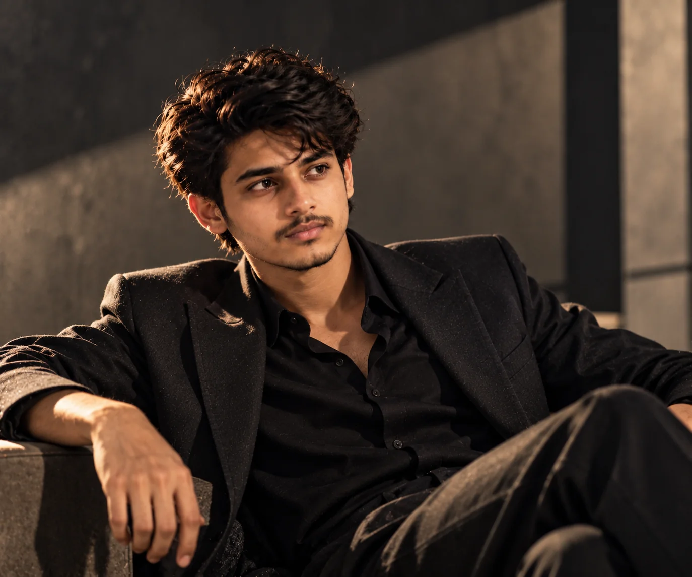 High-fashion cinematic portrait of an adult person in structured contemporary clothing with sculptural lighting and a dark editorial studio background