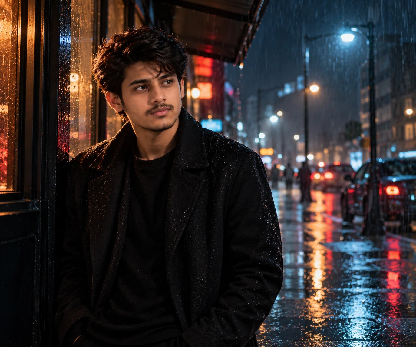 Neo-noir cinematic portrait of an adult person on a rainy city street at night with wet reflections, deep shadows, and moody urban lighting