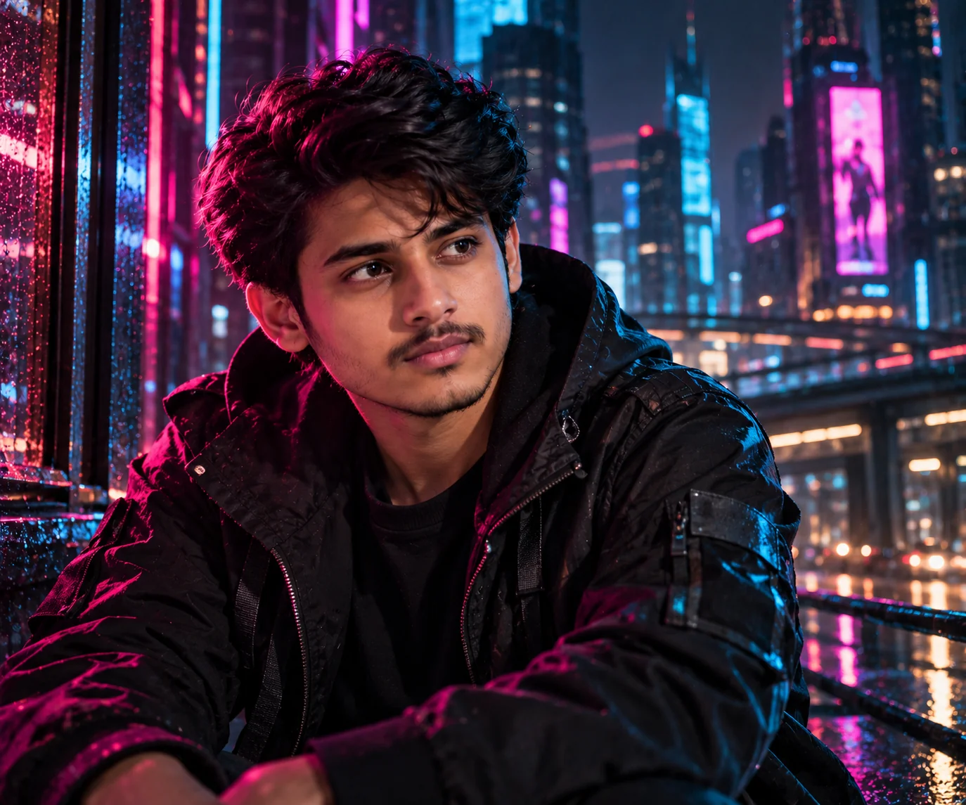 Cyberpunk cinematic portrait of an adult person illuminated by magenta and cyan neon lights against a futuristic nighttime city background