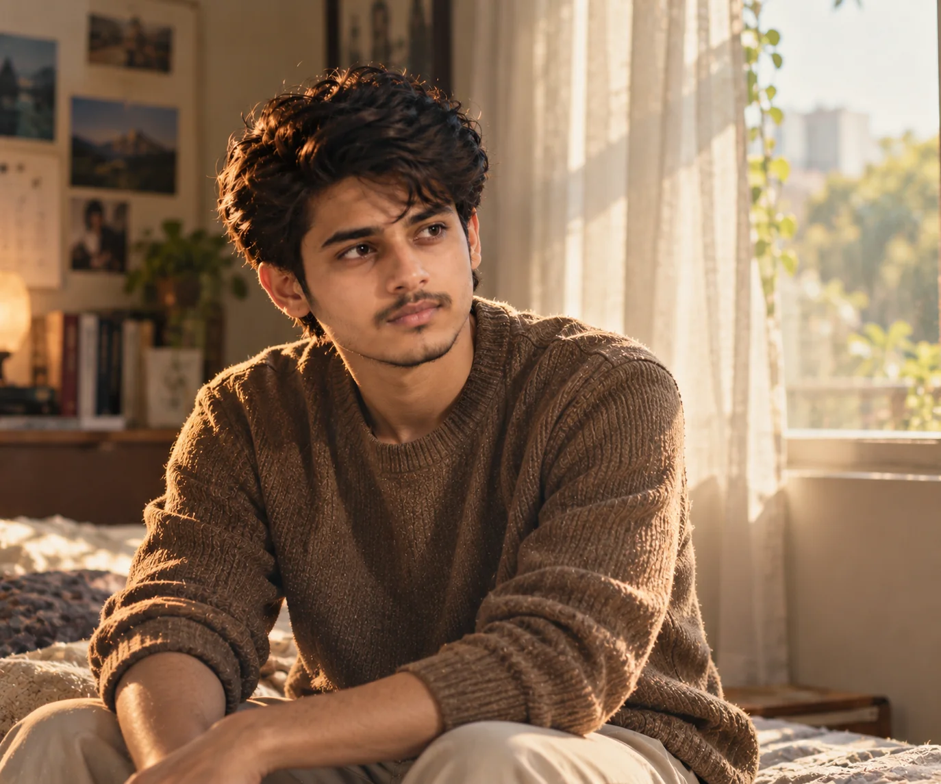 Romantic indie-film portrait of an adult person in a quiet sunlit room with soft pastel colors, diffused window light, and an intimate cinematic mood