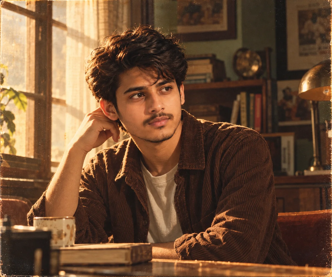1970s-inspired cinematic portrait of an adult person with warm analog film colors, natural grain, soft sunlight, and a nostalgic photographic aesthetic