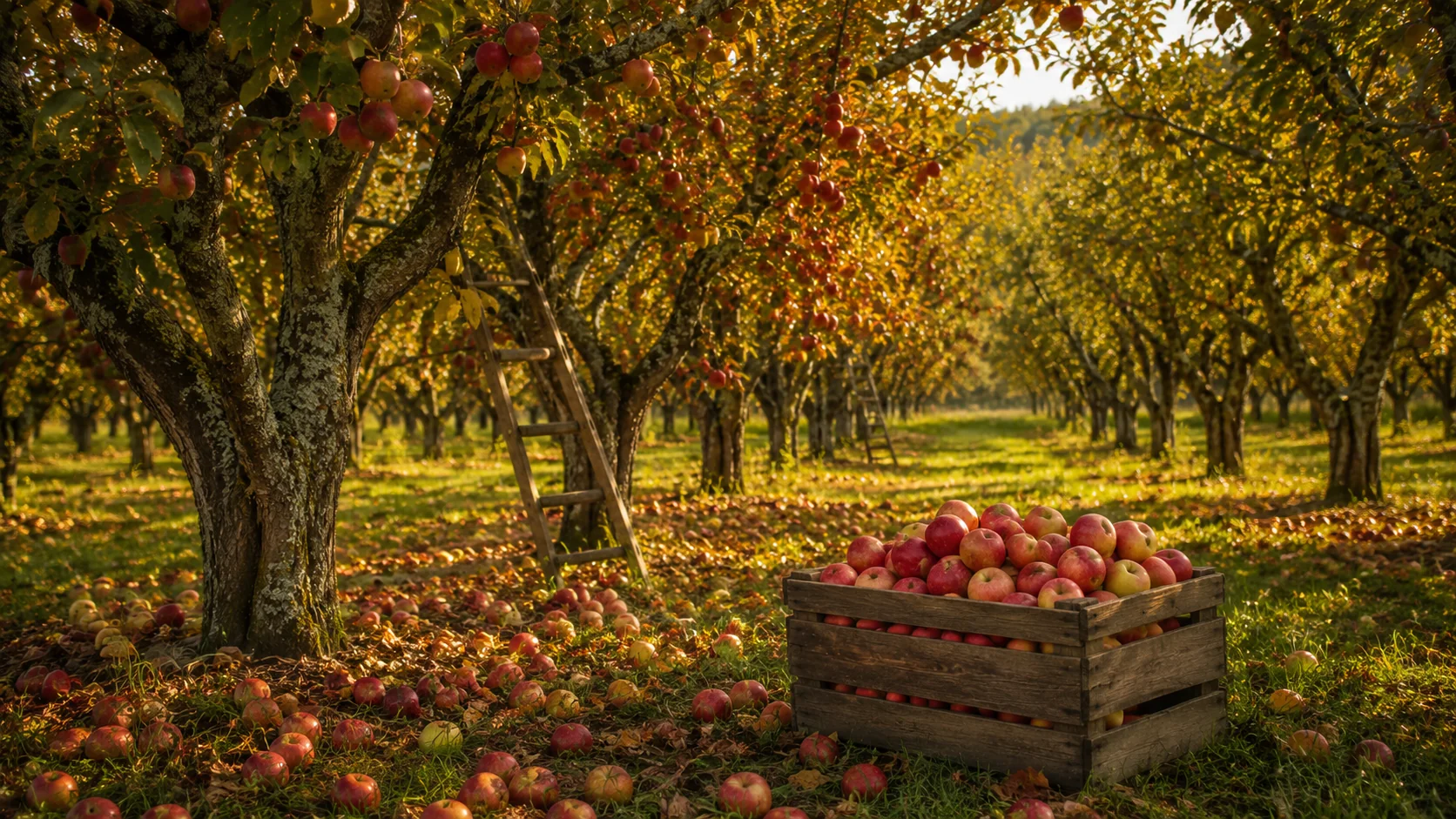 A vibrant apple orchard harvest scene with red and yellow apples on trees in fall &mdash; fall AI image prompt