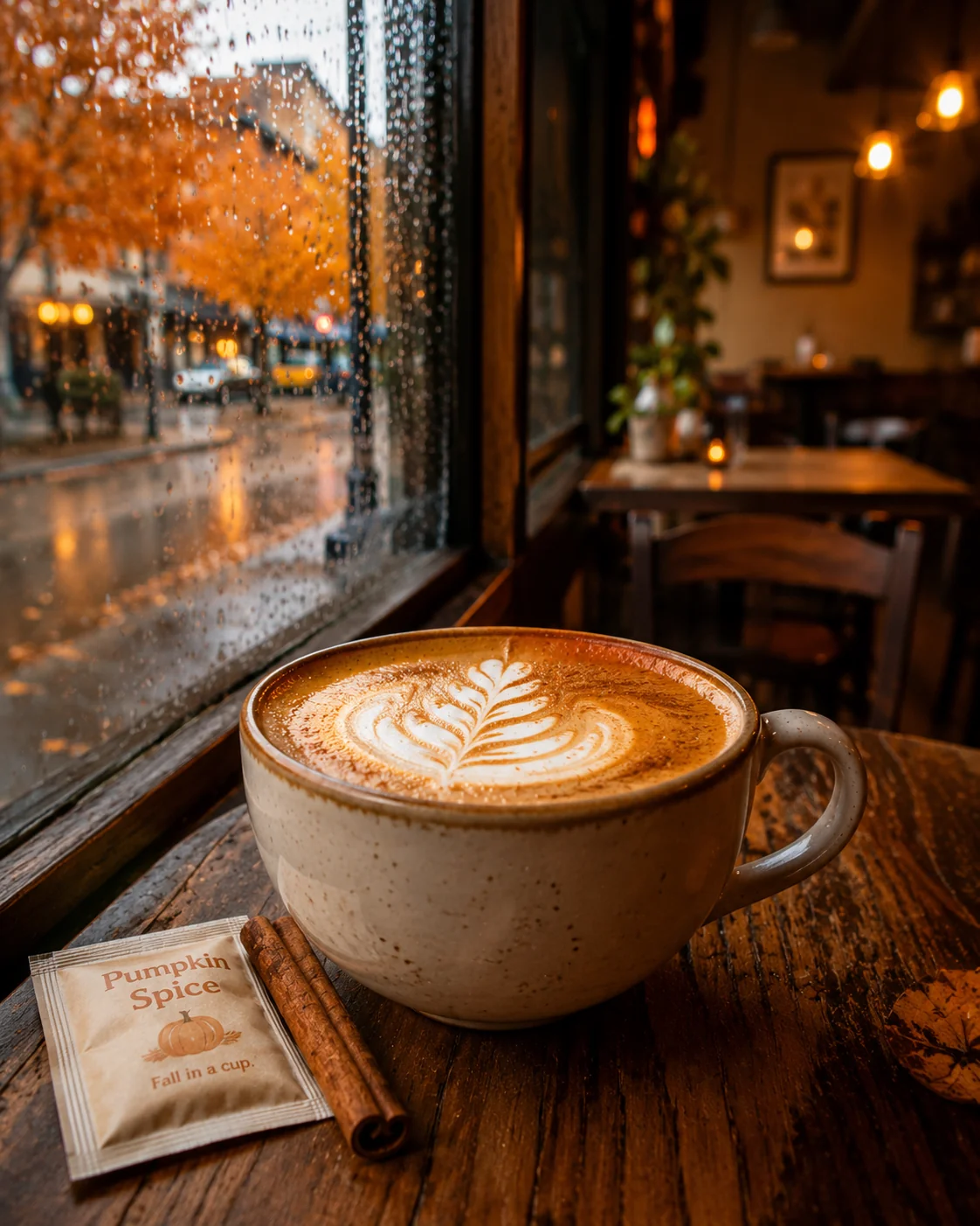 A pumpkin spice latte with leaf latte art on a wooden table beside a rainy cafe window &mdash; fall AI image prompt