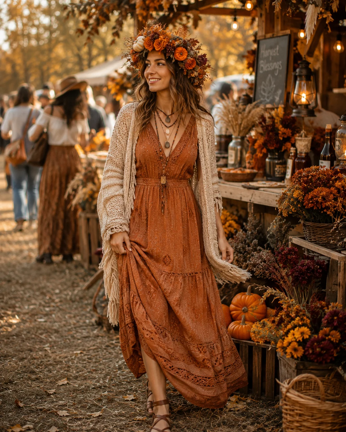A bohemian-styled woman at an autumn harvest festival wearing earthy tones and a floral crown &mdash; fall AI image prompt
