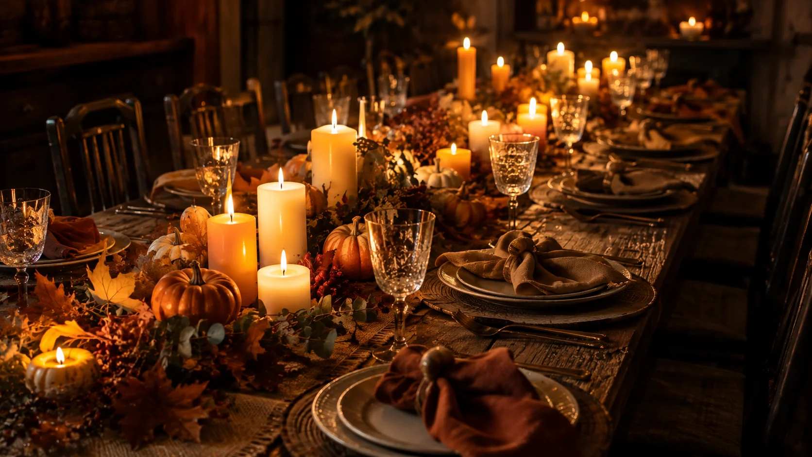 Candlelit wooden dining table decorated with autumn leaves, pumpkins and candles &mdash; fall AI image prompt
