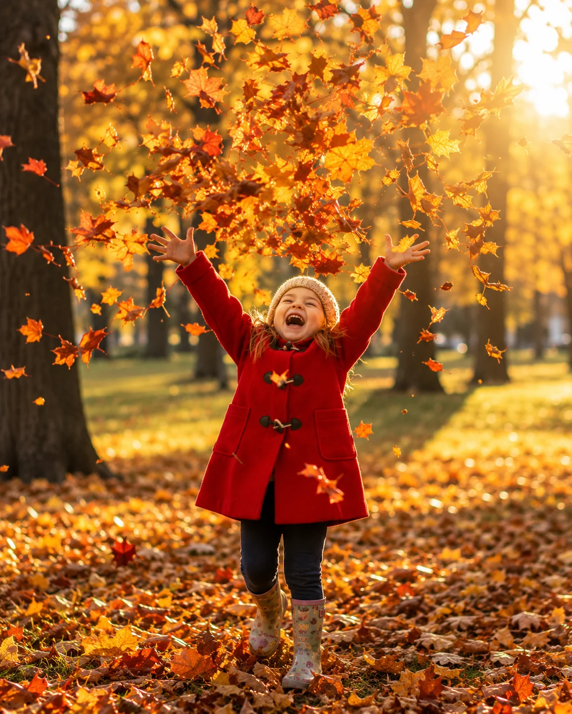Joyful child throwing orange and yellow autumn leaves in a sunny park &mdash; fall AI image prompt