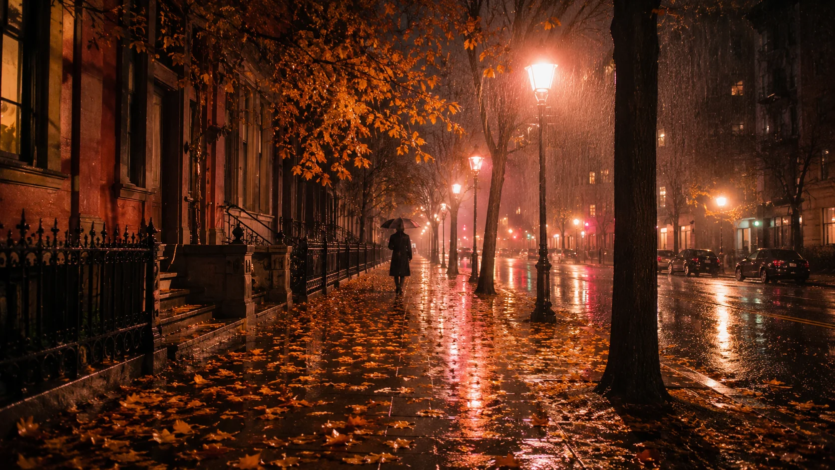 Cinematic shot of a rain-soaked autumn street at night with amber street lights on wet leaves &mdash; fall AI image prompt