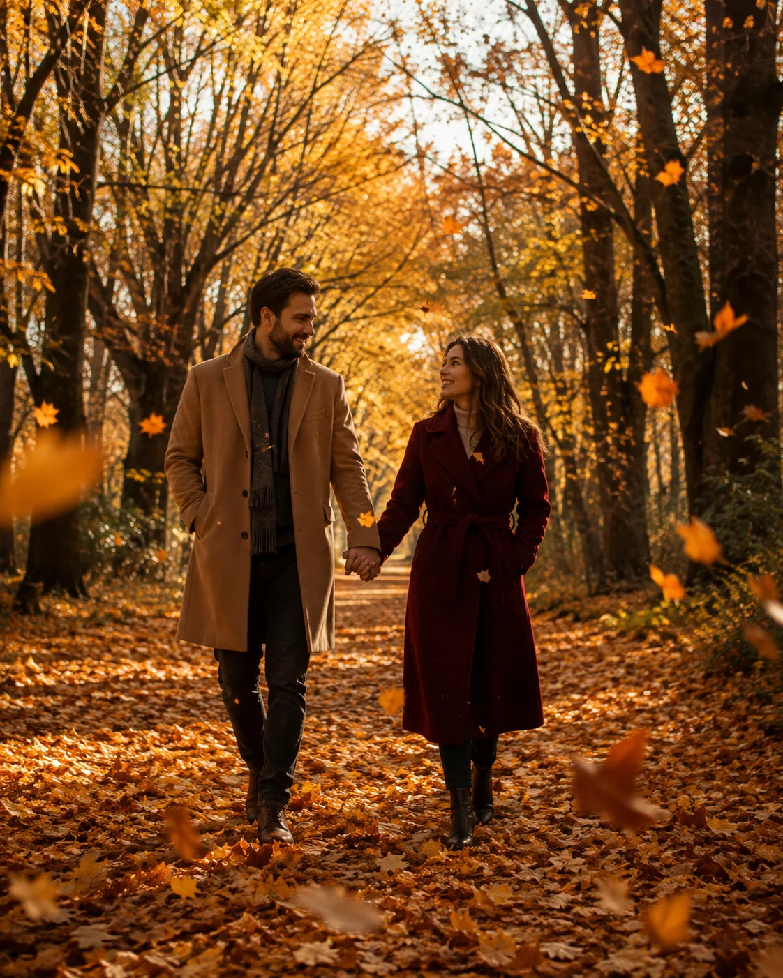 A romantic couple holding hands walking through a path covered in golden autumn leaves &mdash; fall AI image prompt
