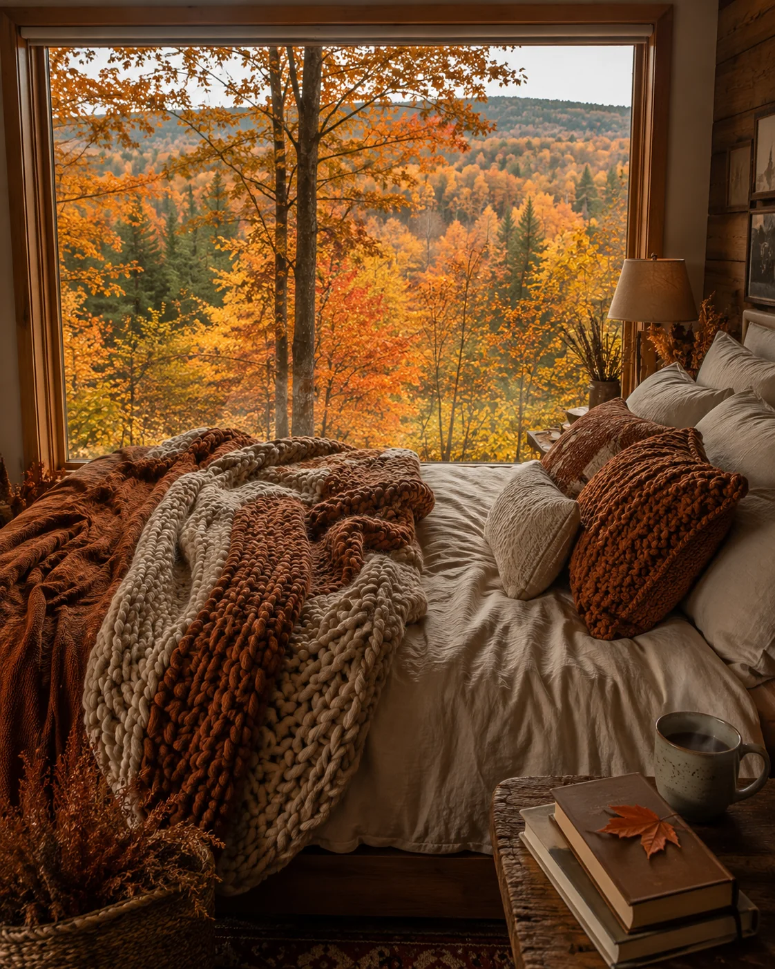 Cozy bed with knitted blanket overlooking a colourful autumn forest through a large window &mdash; fall AI image prompt