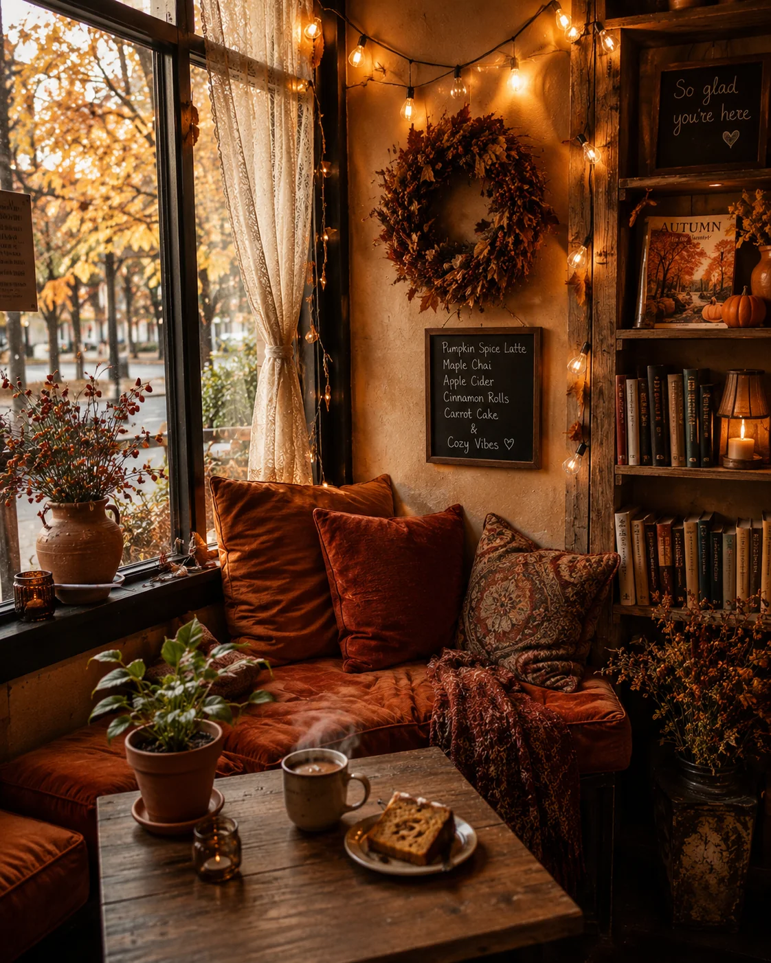 A cozy cafe corner with warm lighting, orange cushions and autumn-themed decor &mdash; fall AI image prompt