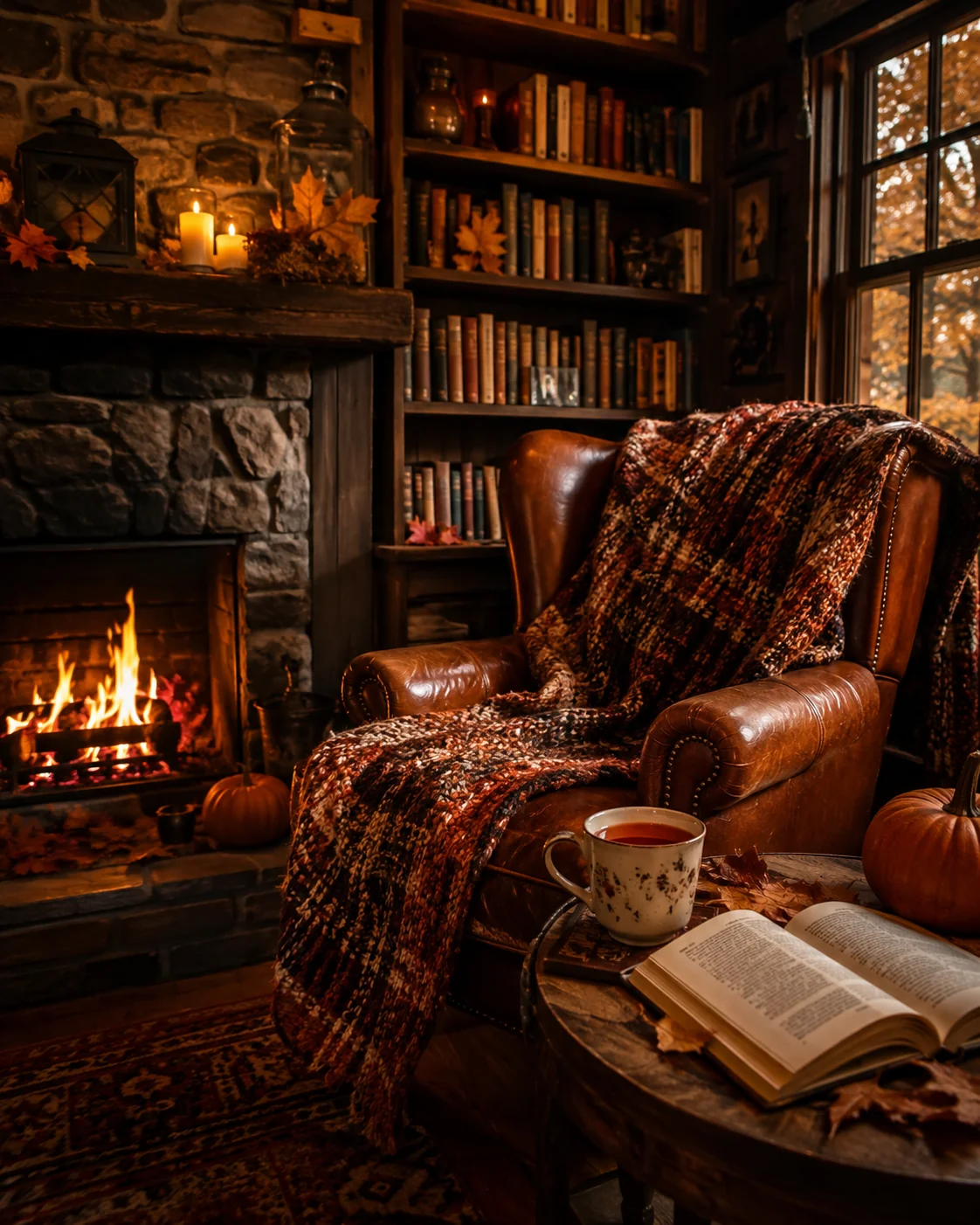 Cozy reading nook with plaid blanket and hot drink by a crackling autumn fireplace &mdash; fall AI image prompt
