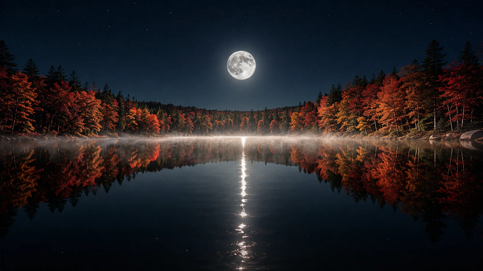Dramatic full moon rising over a still autumn lake surrounded by orange and red trees &mdash; fall AI image prompt