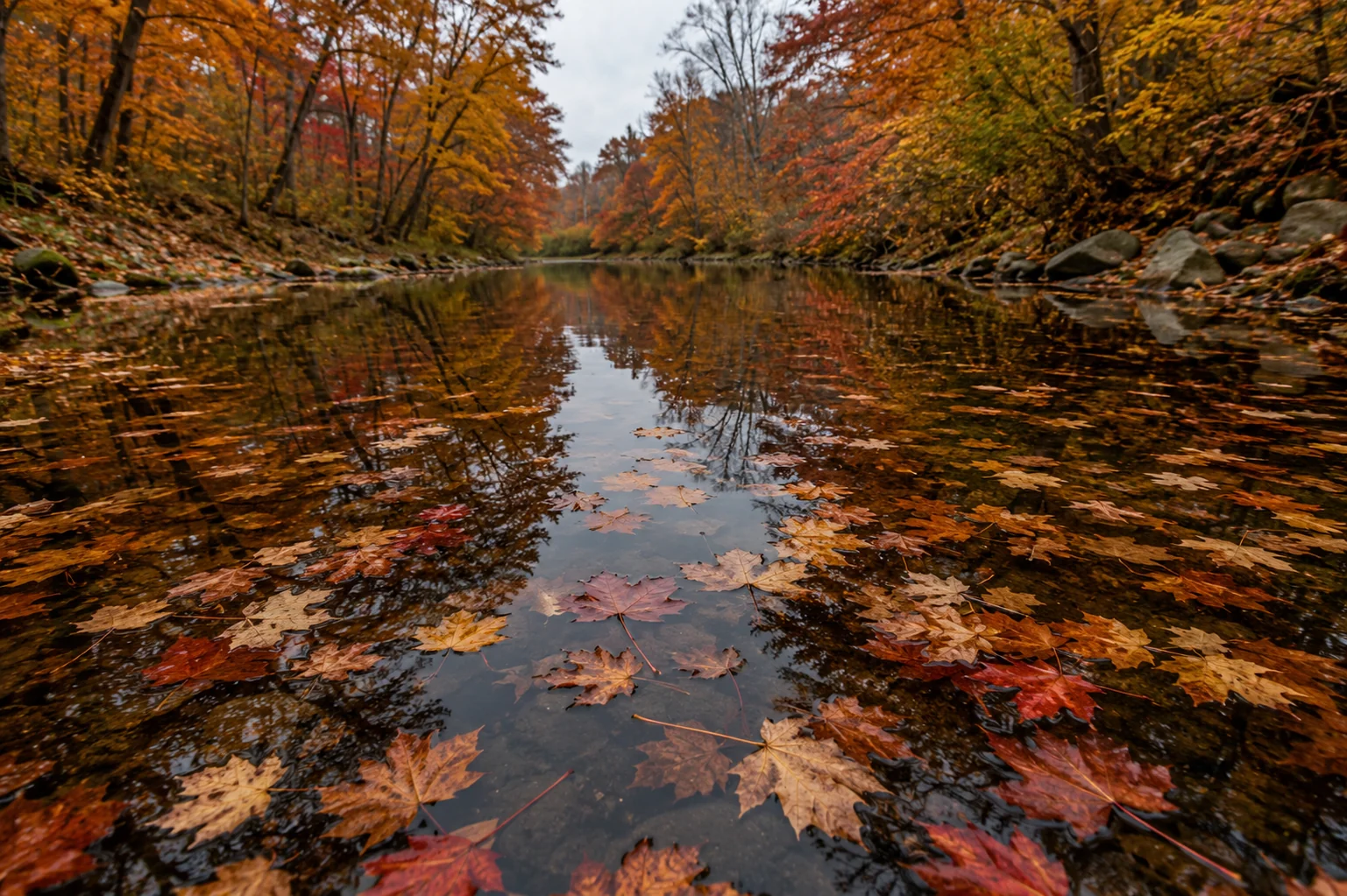 Fallen orange and red leaves floating on a calm river with autumn tree reflections &mdash; fall AI image prompt