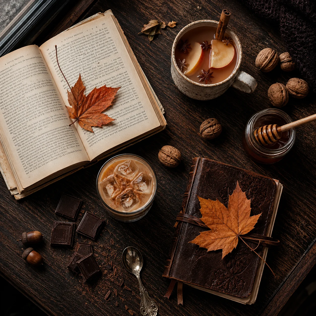 Overhead flat lay of autumn drinks, open books, and dried leaves on a cozy cafe table &mdash; fall AI image prompt