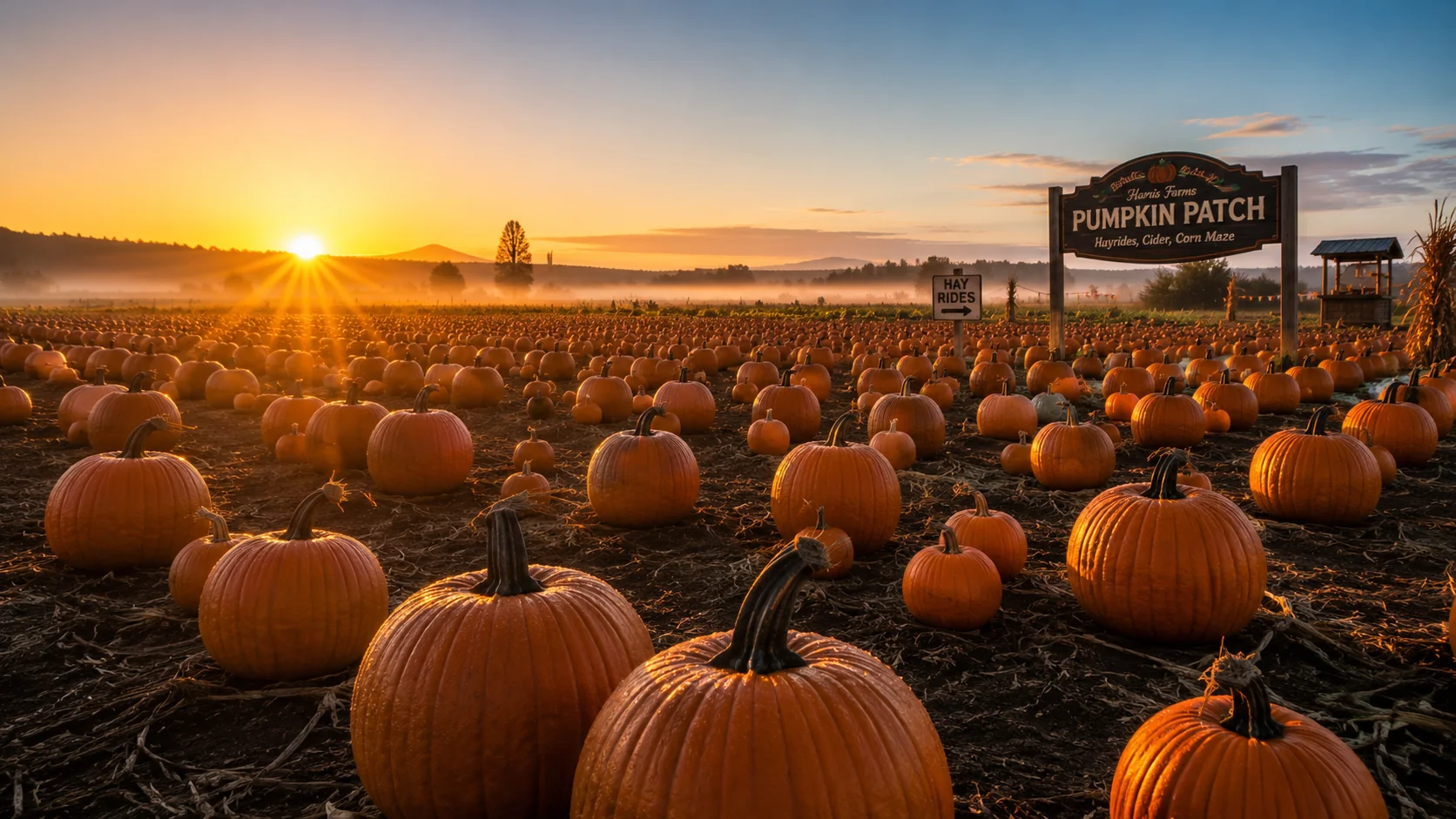 A golden pumpkin patch at sunrise with rows of orange pumpkins in warm autumn light &mdash; fall AI image prompt